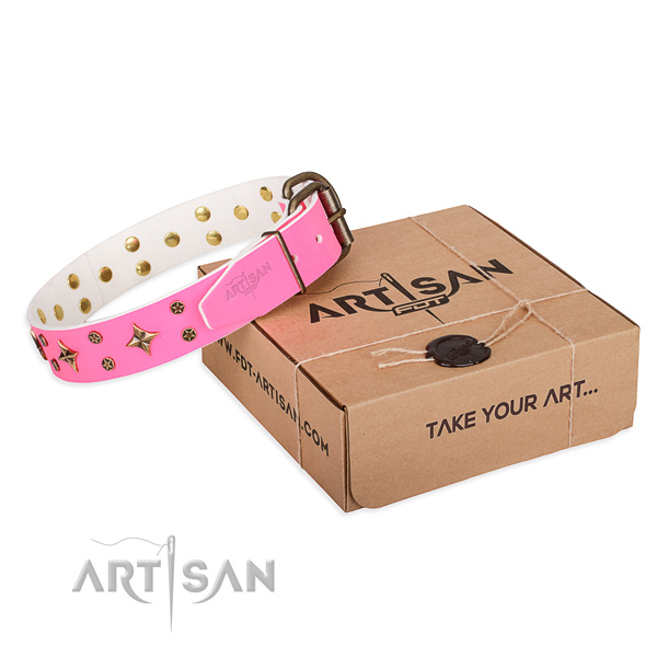 Adorned genuine leather dog collar for stylish walks