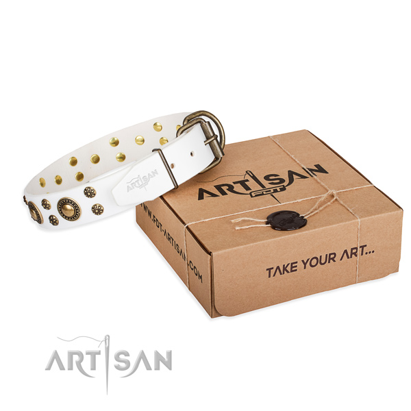 Genuine leather dog collar with decorations for stylish walking