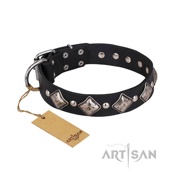Full grain genuine leather dog collar with worked out leather surface