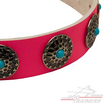 Dog leather pink collar with round plates decoration