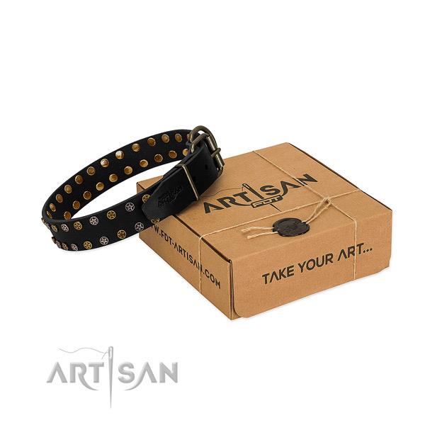 Full grain genuine leather collar with fashionable decorations for your doggie