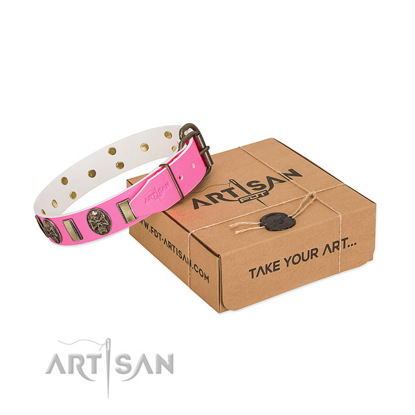 Corrosion proof D-ring on natural genuine leather dog collar for your doggie