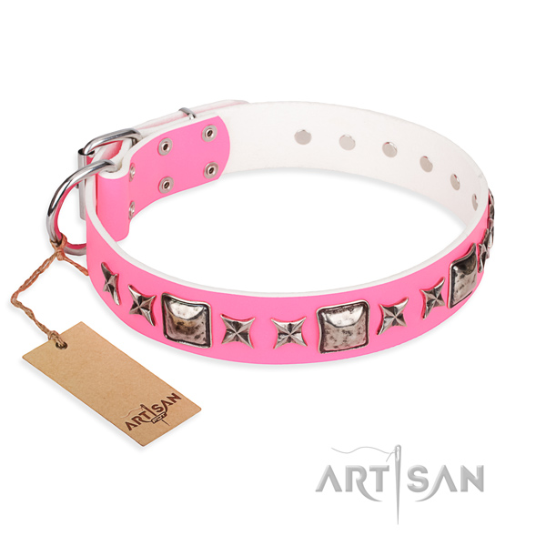 Leather dog collar made of gentle to touch material with rust resistant traditional buckle