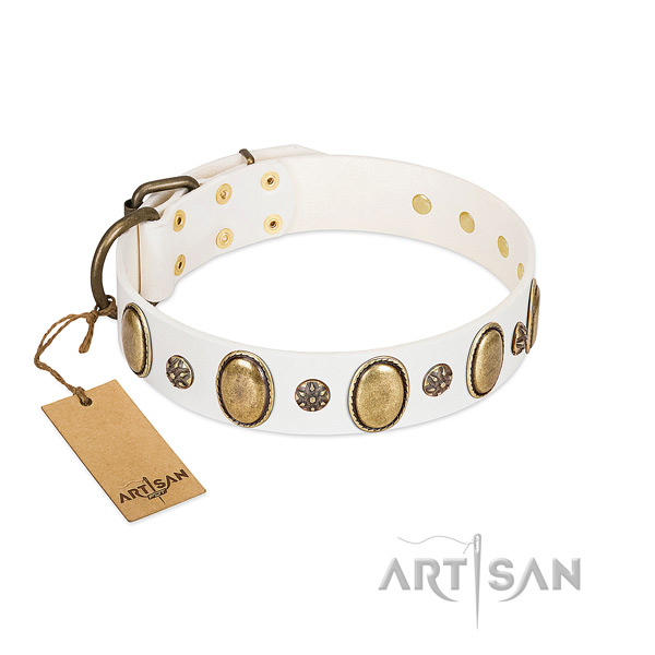 Comfy wearing soft to touch leather dog collar with embellishments