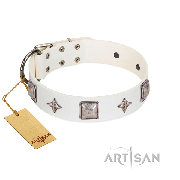 Soft to touch genuine leather dog collar with embellishments for handy use