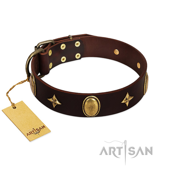 Strong full grain natural leather dog collar with rust-proof decorations