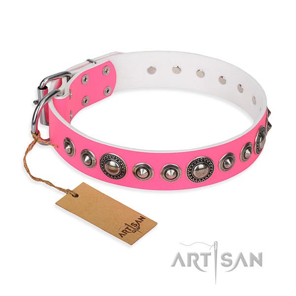 Natural genuine leather dog collar made of quality material with corrosion resistant buckle