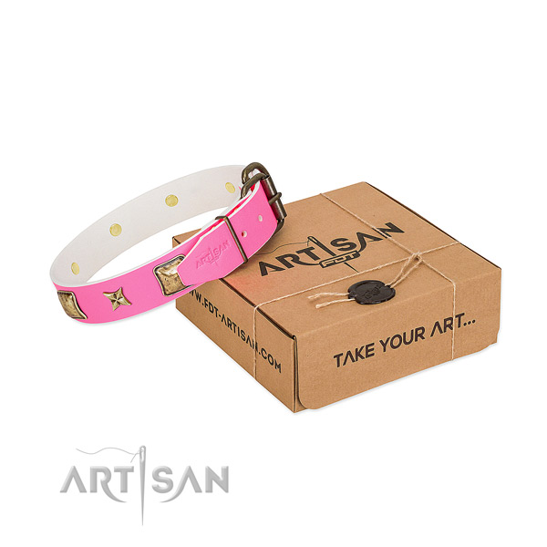 Corrosion resistant buckle on leather dog collar for comfy wearing