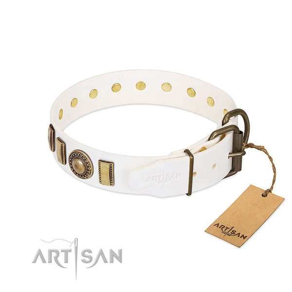 Easy to adjust full grain genuine leather dog collar with reliable D-ring