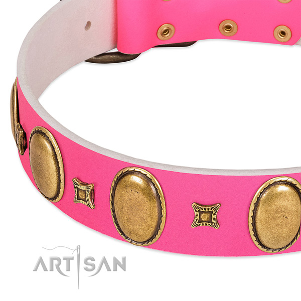 Flexible full grain genuine leather dog collar with adornments for daily use