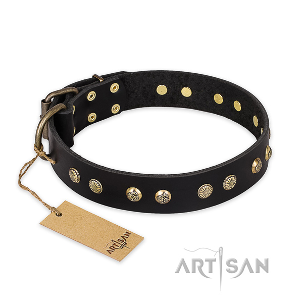 Unique natural genuine leather dog collar with strong D-ring