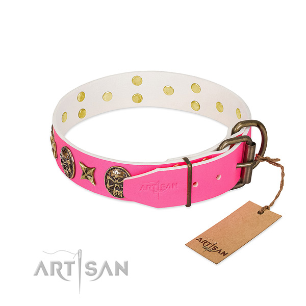 Rust resistant hardware on full grain natural leather collar for walking your dog