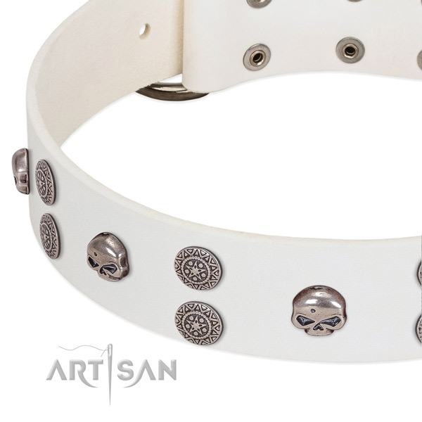 Flexible genuine leather dog collar with designer adornments