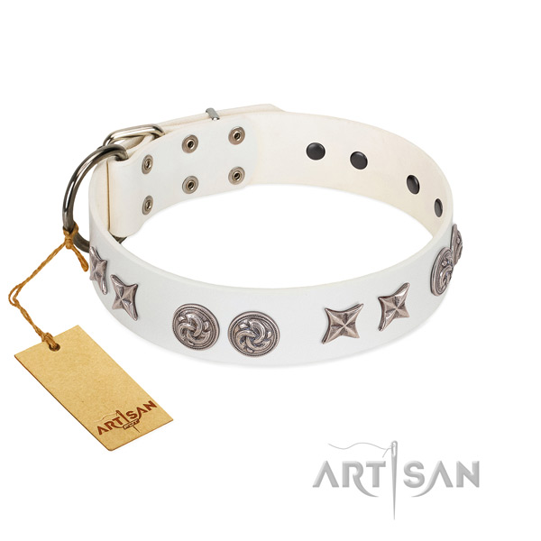Corrosion proof hardware on easy to adjust genuine leather dog collar