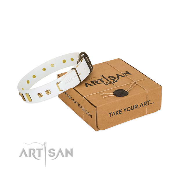 Soft to touch genuine leather dog collar with decorations for everyday use