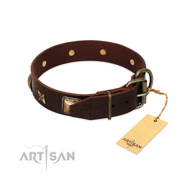 Full grain genuine leather dog collar with durable traditional buckle and adornments