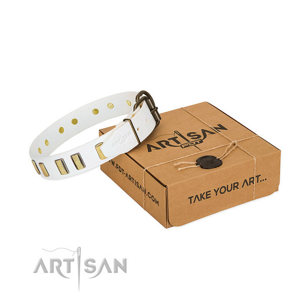 Best quality full grain genuine leather dog collar with embellishments for daily walking