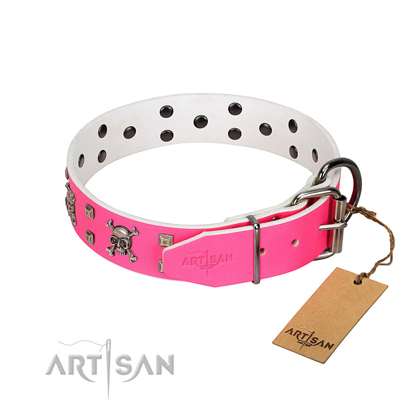 Durable adornments on genuine leather dog collar