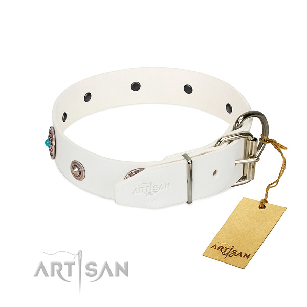 Exquisite decorated full grain genuine leather dog collar