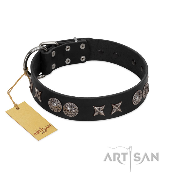 Durable D-ring on full grain genuine leather dog collar for walking