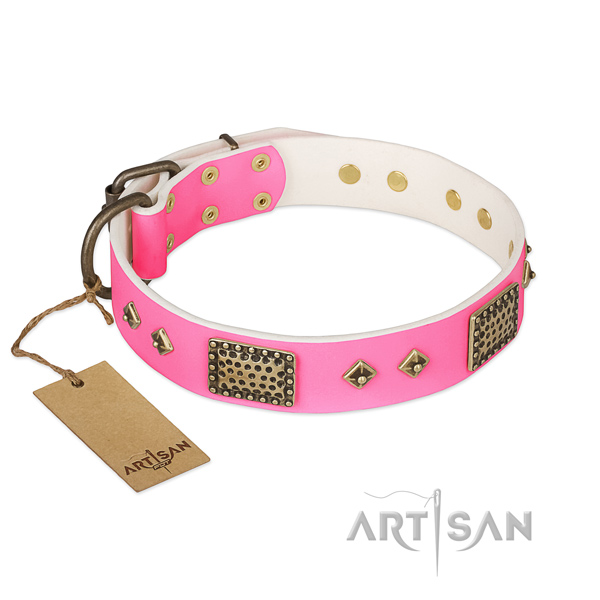Adjustable full grain natural leather dog collar for walking your four-legged friend