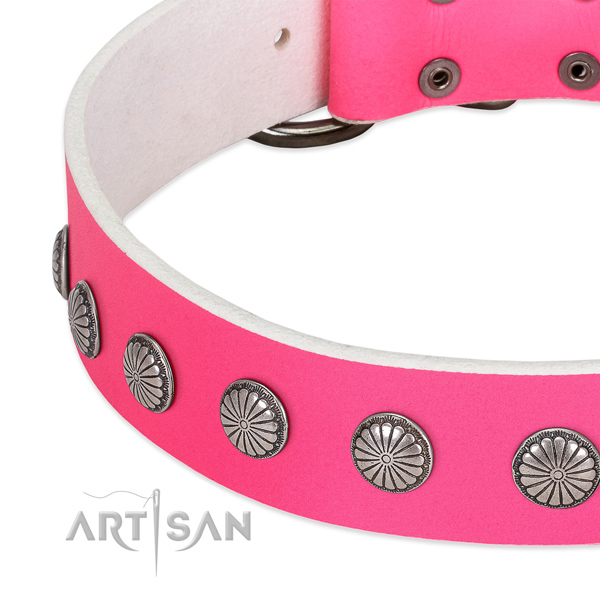 Soft genuine leather dog collar with decorations for your beautiful pet