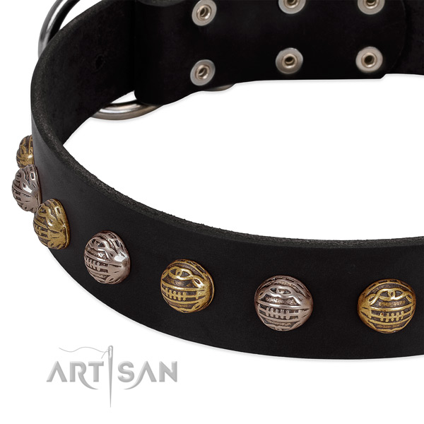 Genuine leather dog collar with corrosion resistant hardware and decorations