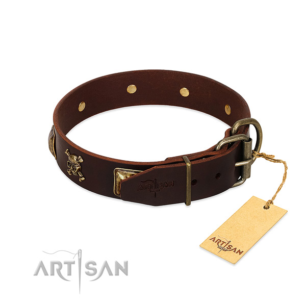 Flexible full grain leather dog collar with remarkable adornments
