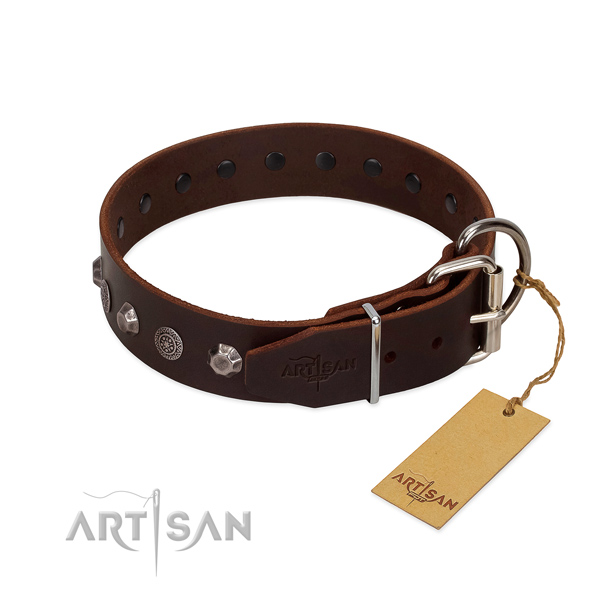 Reliable hardware on full grain natural leather dog collar for daily walking