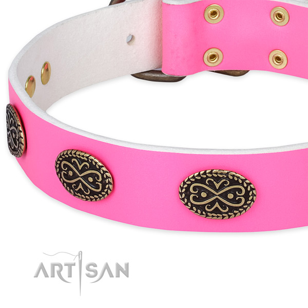 Natural genuine leather dog collar with adornments for comfy wearing