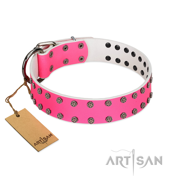 Fancy walking natural leather dog collar with exquisite adornments