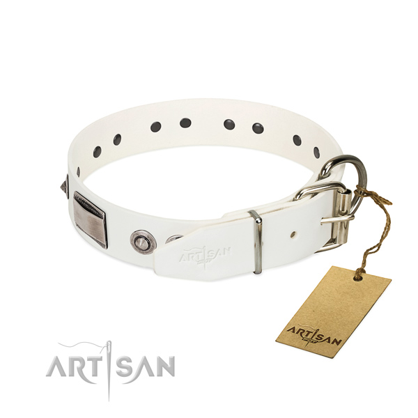 Easy to adjust dog collar of full grain genuine leather with embellishments