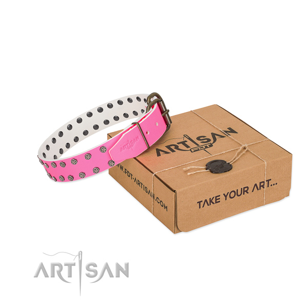 Top rate full grain natural leather dog collar with embellishments for your beautiful dog