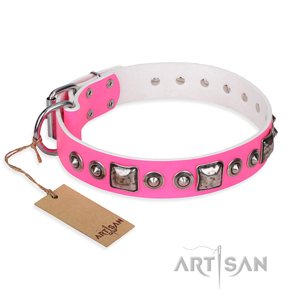 Genuine leather dog collar made of soft material with corrosion proof fittings