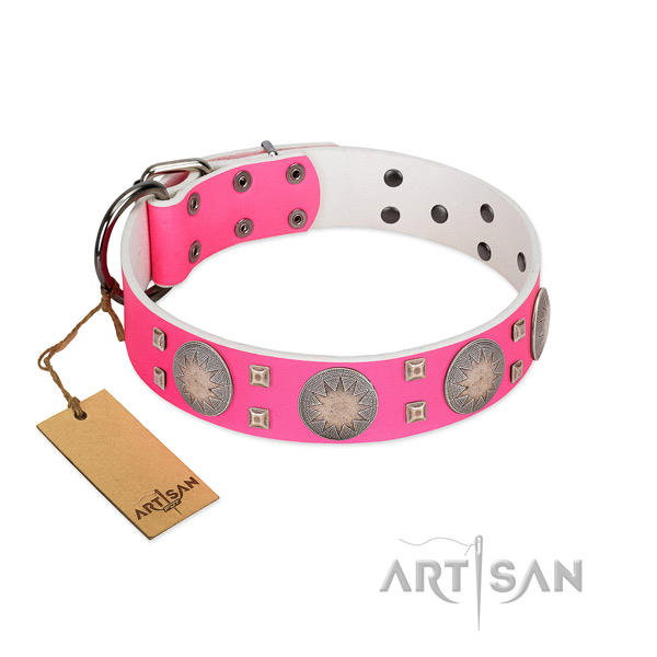 Fashionable natural leather dog collar with corrosion resistant traditional buckle