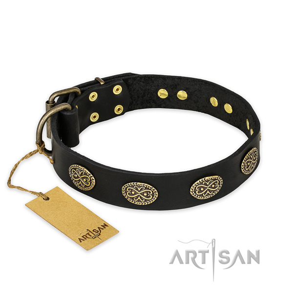 Adjustable full grain natural leather dog collar with corrosion resistant fittings