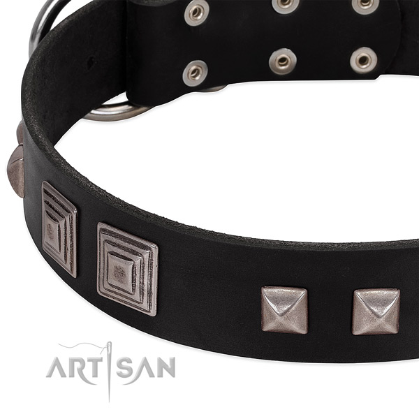 Reliable D-ring on natural genuine leather dog collar for comfy wearing