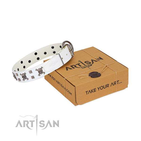Handcrafted genuine leather dog collar with durable traditional buckle