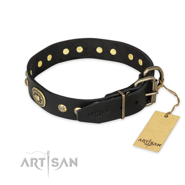 Durable traditional buckle on full grain genuine leather collar for walking your dog
