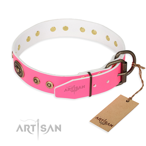Natural genuine leather dog collar made of flexible material with strong embellishments