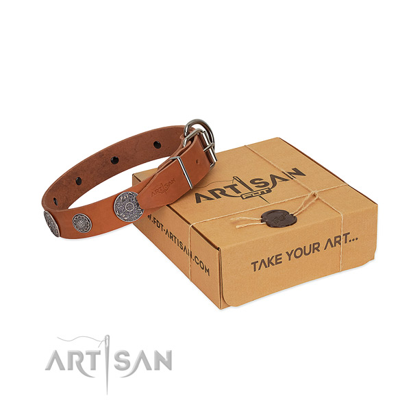 Adorned dog collar of full grain leather