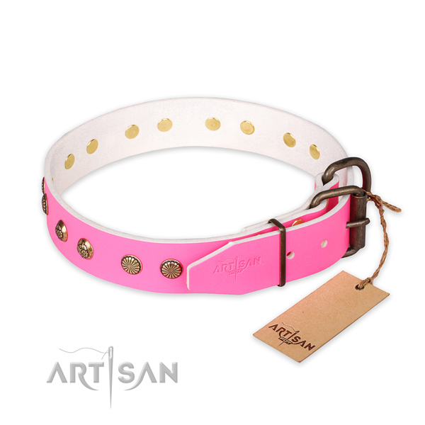 Rust-proof buckle on natural genuine leather collar for your impressive pet