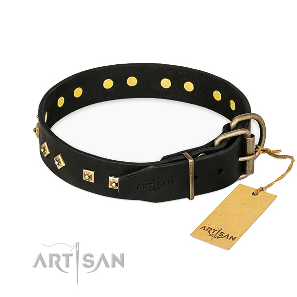 Corrosion proof D-ring on genuine leather collar for walking your dog
