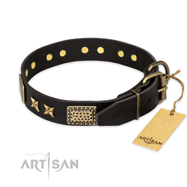Reliable D-ring on full grain natural leather collar for your attractive dog