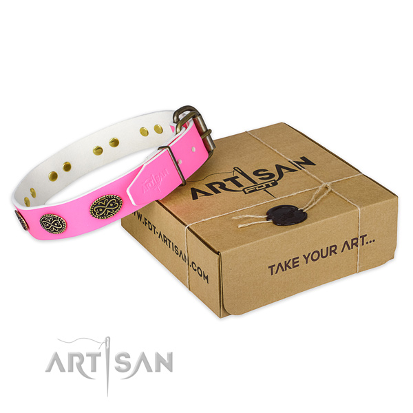 Decorated natural genuine leather dog collar for stylish walking