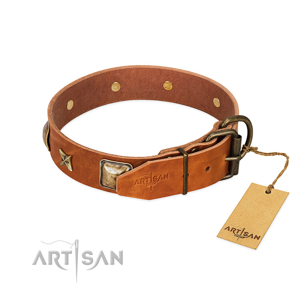 Full grain leather dog collar with corrosion resistant buckle and studs