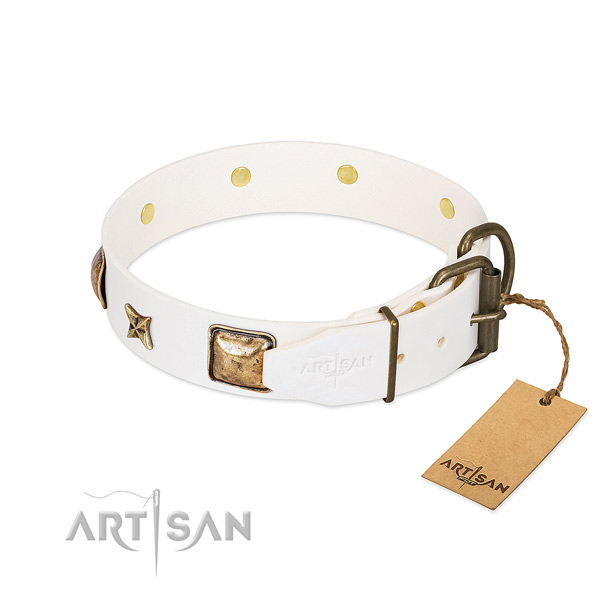 Genuine leather dog collar with strong D-ring and embellishments