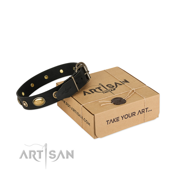 Durable D-ring on full grain genuine leather dog collar for your dog