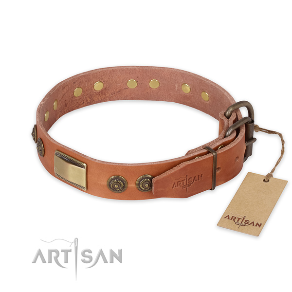 Strong D-ring on full grain genuine leather collar for fancy walking your four-legged friend