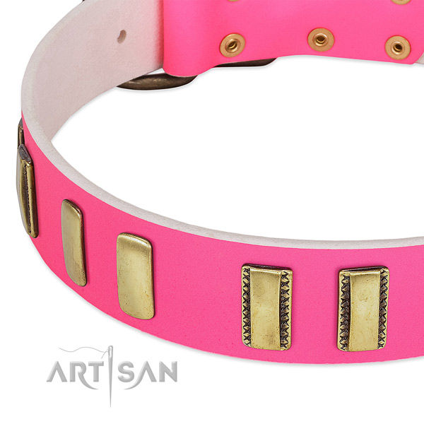 Gentle to touch full grain genuine leather dog collar with decorations for comfy wearing